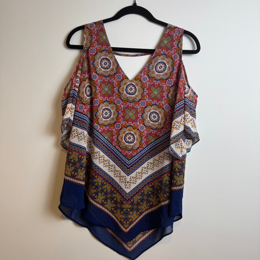 DR2 Cold Shoulder Blouse Womens M Medallion Boho Festival Gypsy Hippie Peasant